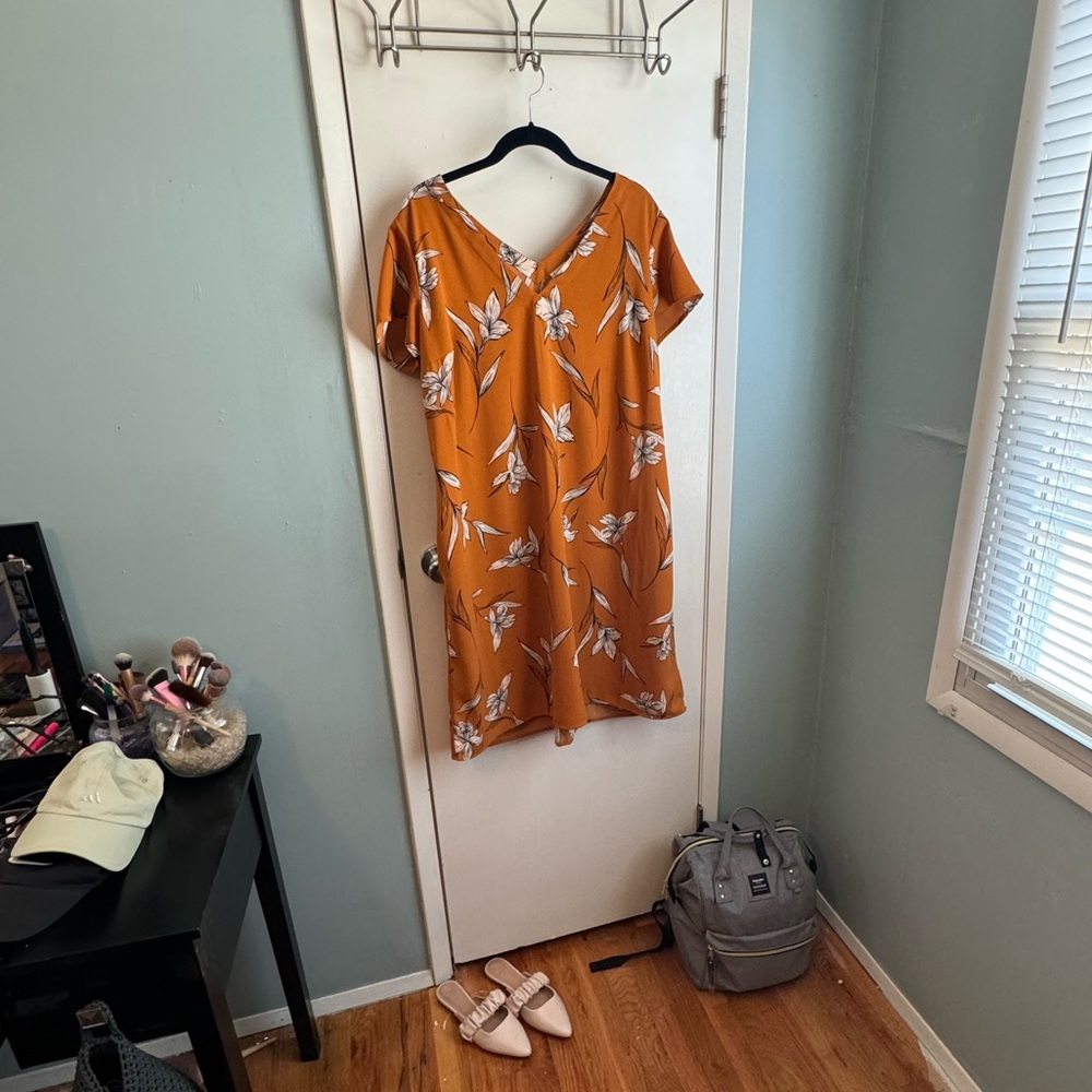 burnt orange shift dress with flower details in large